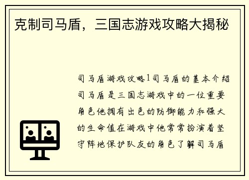 克制司马盾，三国志游戏攻略大揭秘
