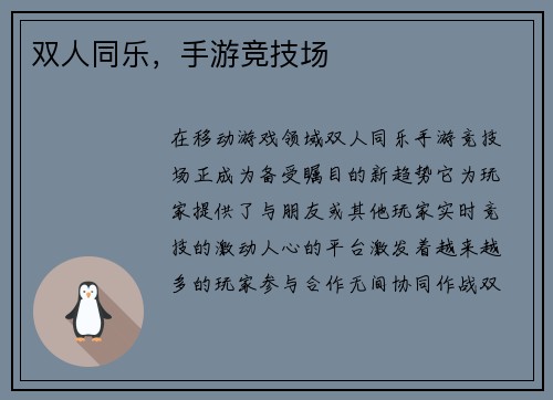 双人同乐，手游竞技场